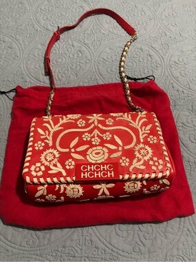 Carolina Herrera Red Crossbody with Cream Embroidered Floral Detail